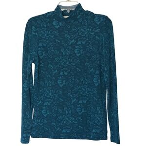 Christie & Jill Top Teal Blue Floral Jacquard Mock Neck Stretch Medium Tall